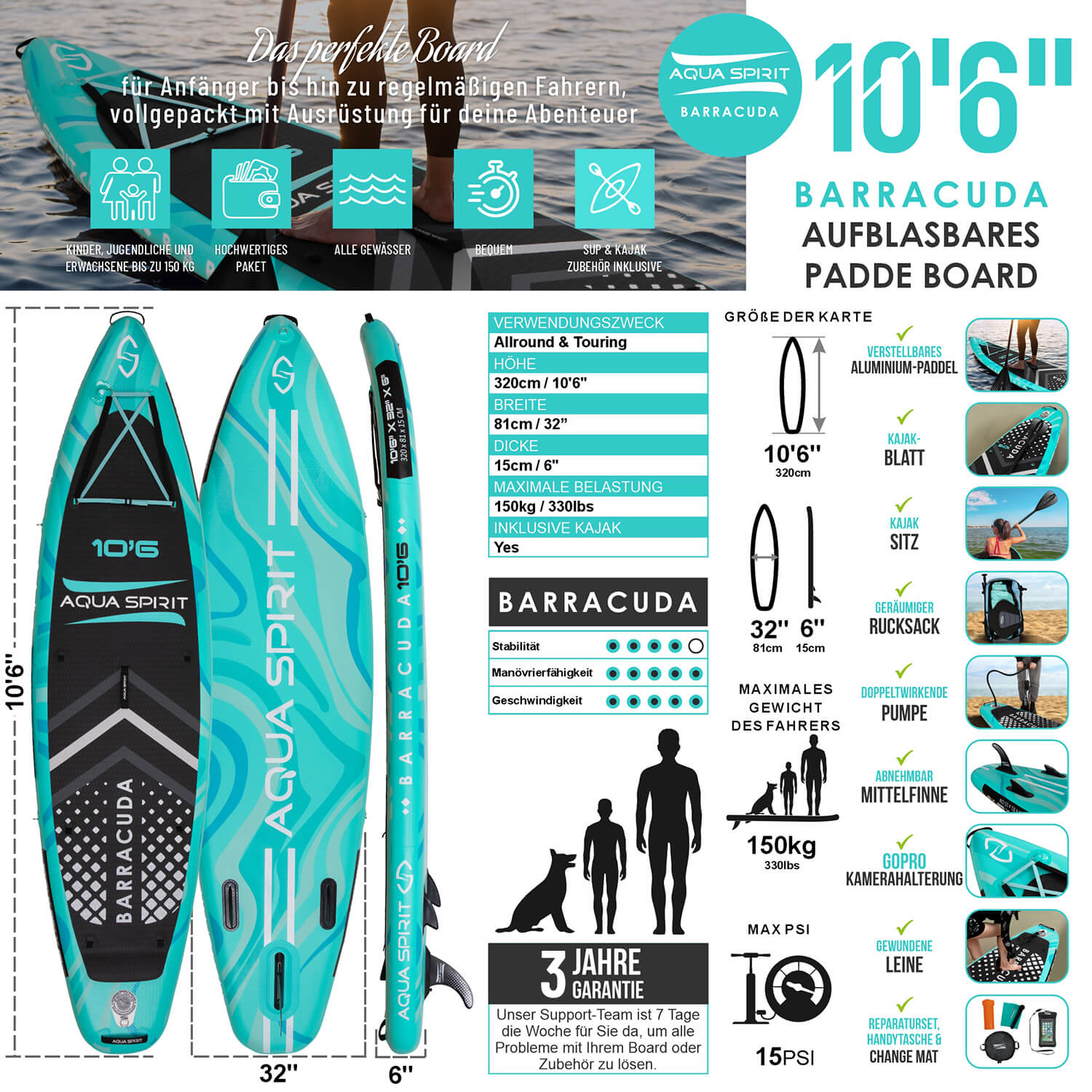 Aqua Spirit Barracuda SUP gonfiabile Stand Up Paddle Board 2025, 10'6x81,3 x 15,2 cm, Kit completo di conversione kayak con pagaia, zaino, pompa e altri accessori, Principianti e esperti Adulti