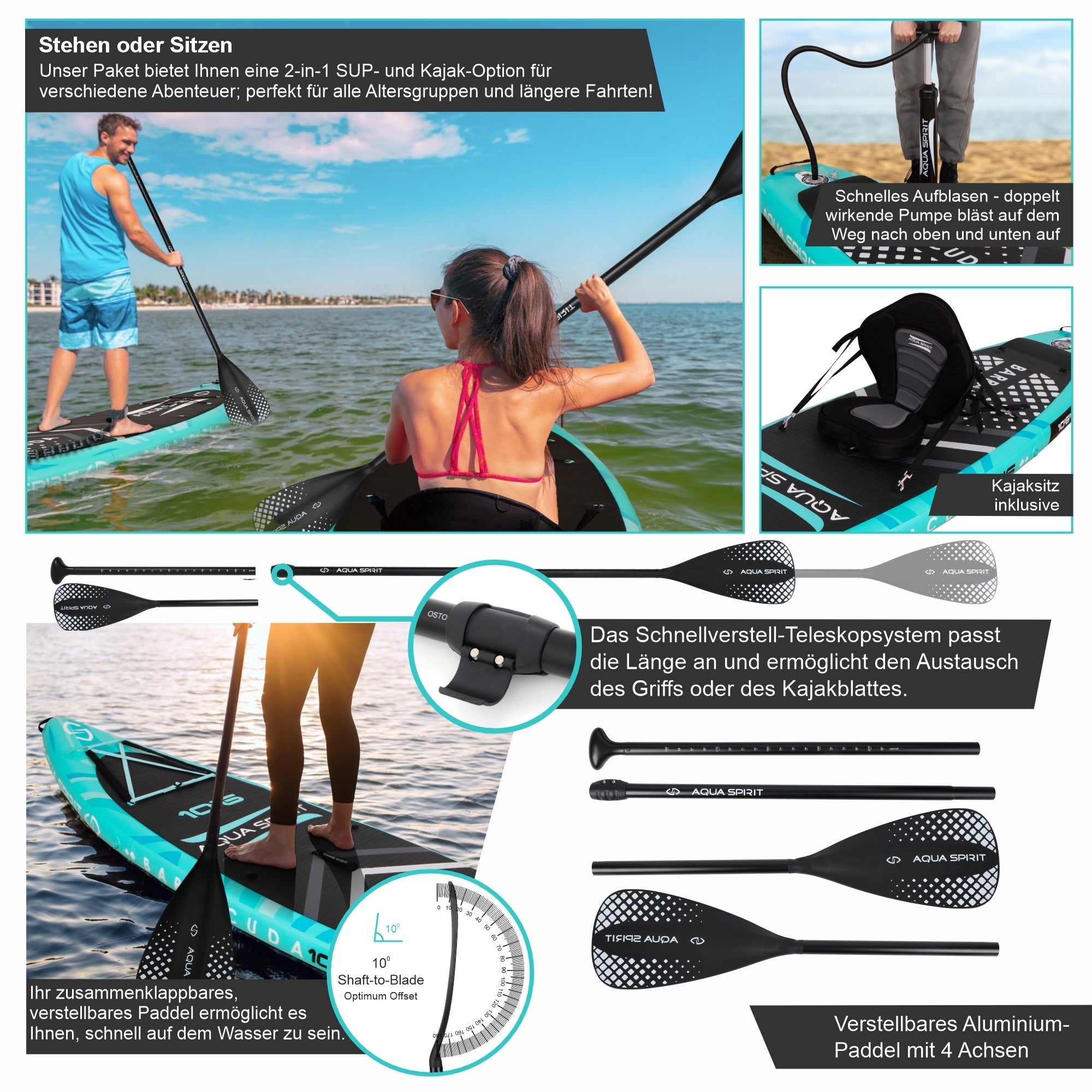 Aqua Spirit Barracuda SUP gonfiabile Stand Up Paddle Board 2025, 10'6x81,3 x 15,2 cm, Kit completo di conversione kayak con pagaia, zaino, pompa e altri accessori, Principianti e esperti Adulti