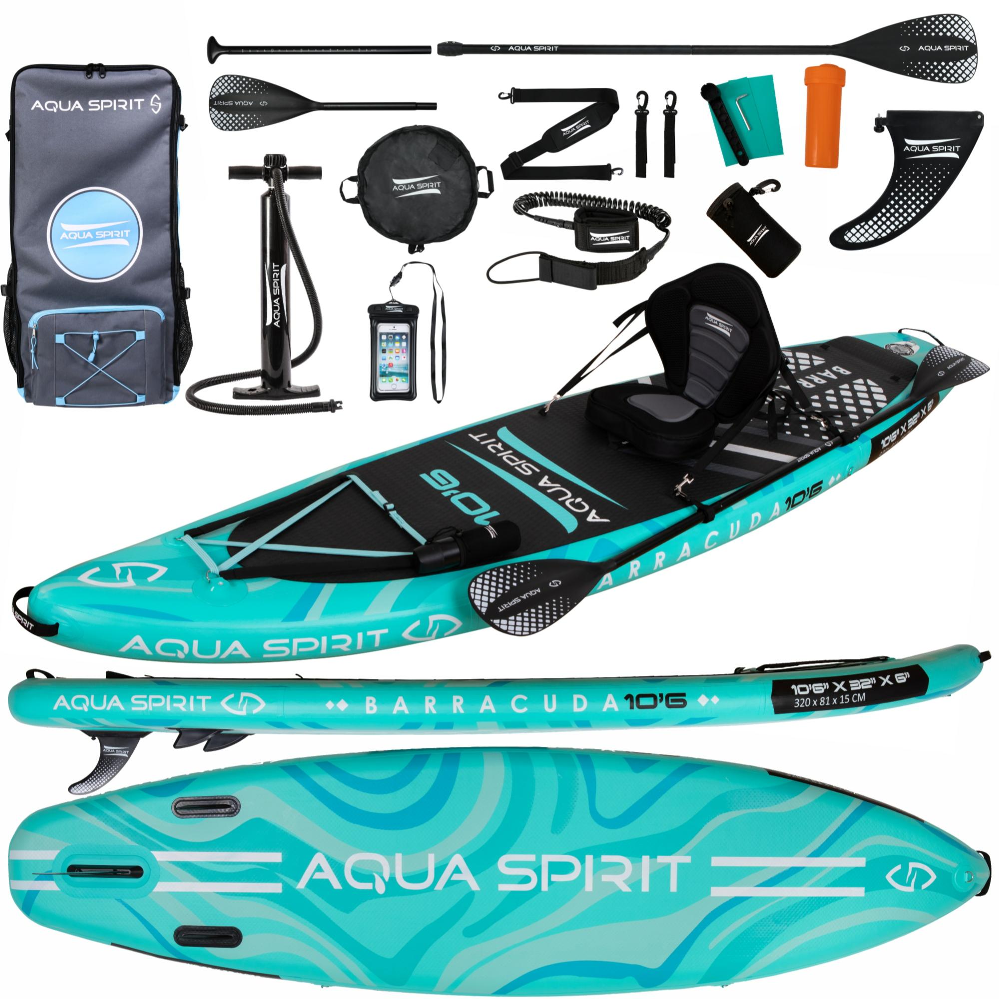 Aqua Spirit Barracuda SUP gonfiabile Stand Up Paddle Board 2025, 10'6x81,3 x 15,2 cm, Kit completo di conversione kayak con pagaia, zaino, pompa e altri accessori, Principianti e esperti Adulti