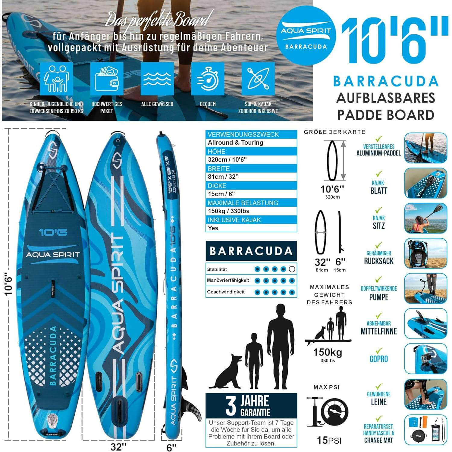 Aqua Spirit Barracuda SUP gonfiabile Stand Up Paddle Board 2025, 10'6x81,3 x 15,2 cm, Kit completo di conversione kayak con pagaia, zaino, pompa e altri accessori, Principianti e esperti Adulti