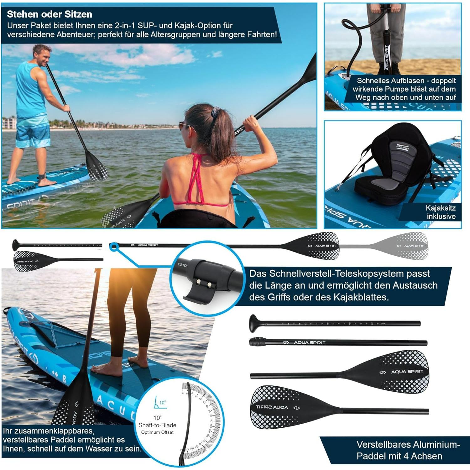 Aqua Spirit Barracuda SUP gonfiabile Stand Up Paddle Board 2025, 10'6x81,3 x 15,2 cm, Kit completo di conversione kayak con pagaia, zaino, pompa e altri accessori, Principianti e esperti Adulti