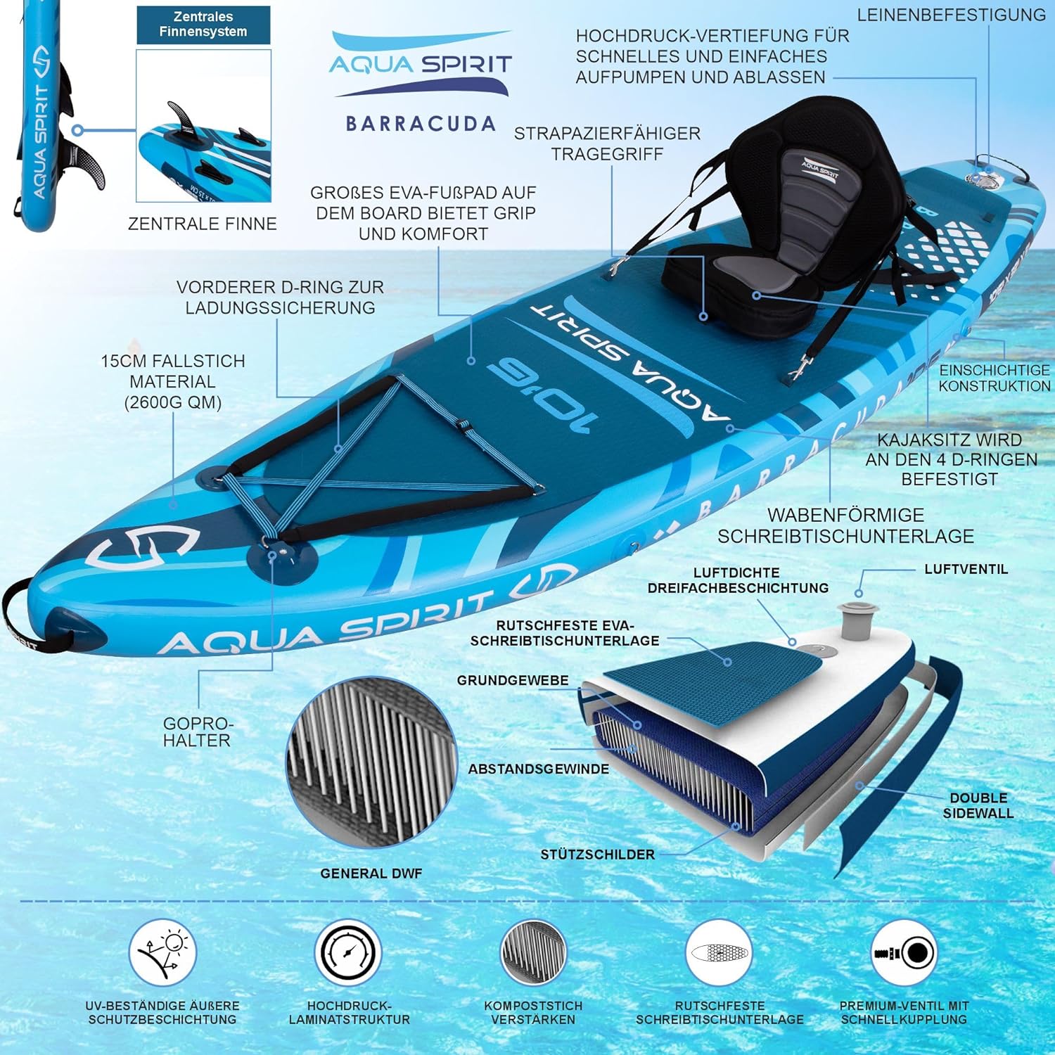 Aqua Spirit Barracuda SUP gonfiabile Stand Up Paddle Board 2025, 10'6x81,3 x 15,2 cm, Kit completo di conversione kayak con pagaia, zaino, pompa e altri accessori, Principianti e esperti Adulti